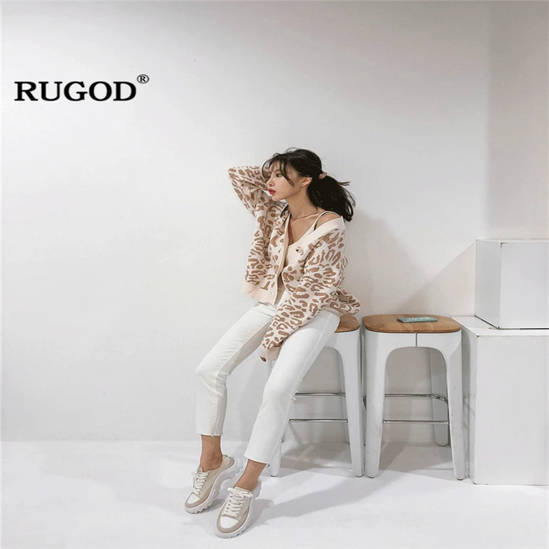 Женский трикотажный свитер RUGOD с длинным рукавом и леопардовым принтом |