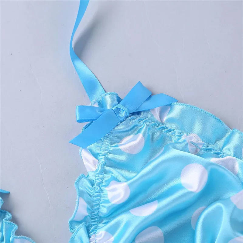 Мужской гофрированный Frilly Блестящий гладкий горошек Strappy Сисси набор белья бикини без косточек Холтер бюстгальтер топ с трусами нижнее белье