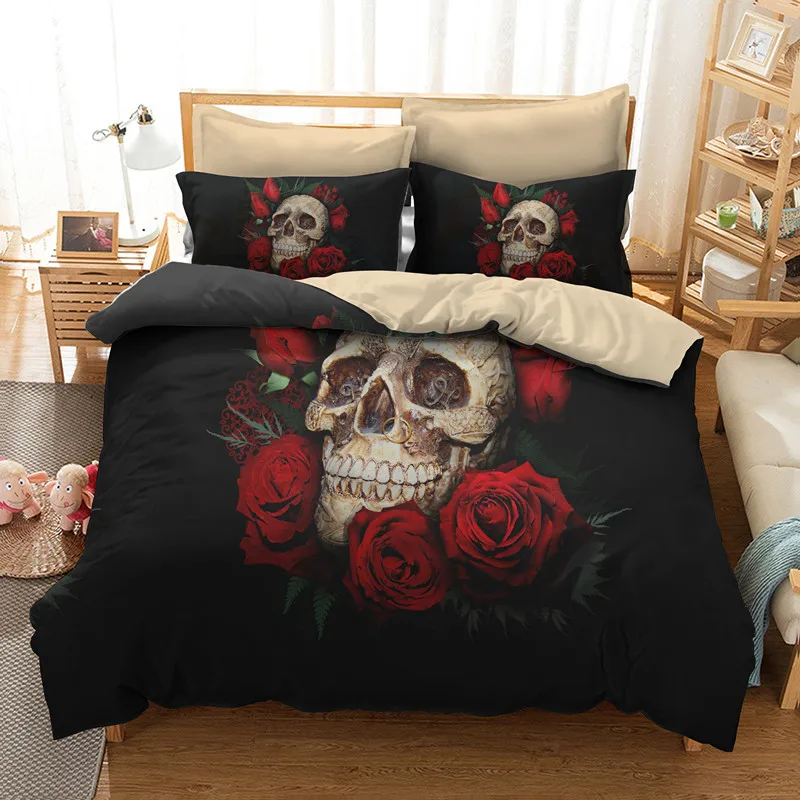 

Yi chu xin rose skull bedding sets queen size 3d skull duvet cover set with pillowcase Bedclothes AU/US /EU size twin bedline