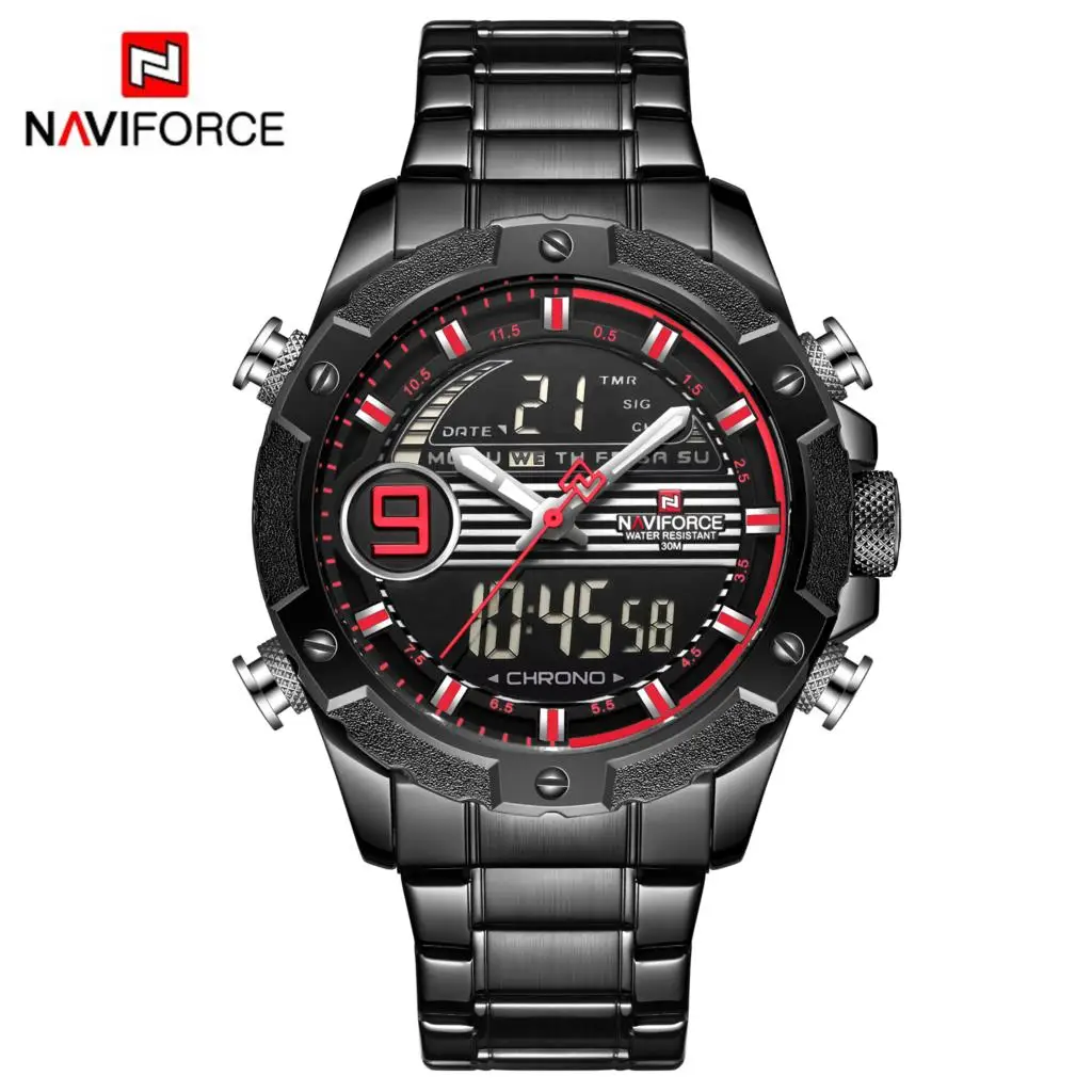 NAVIFORCE для мужчин часы неделю Дата таймер с циферблатом двойной дисплей Кварц цифровой 3Bar водостойкие наручные часы Черное золото - Цвет: Black Red