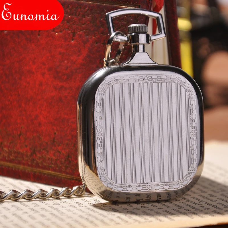 Площадь Серебряный Простой аналоговый Винтаж Для мужчин модные часы с цепочкой