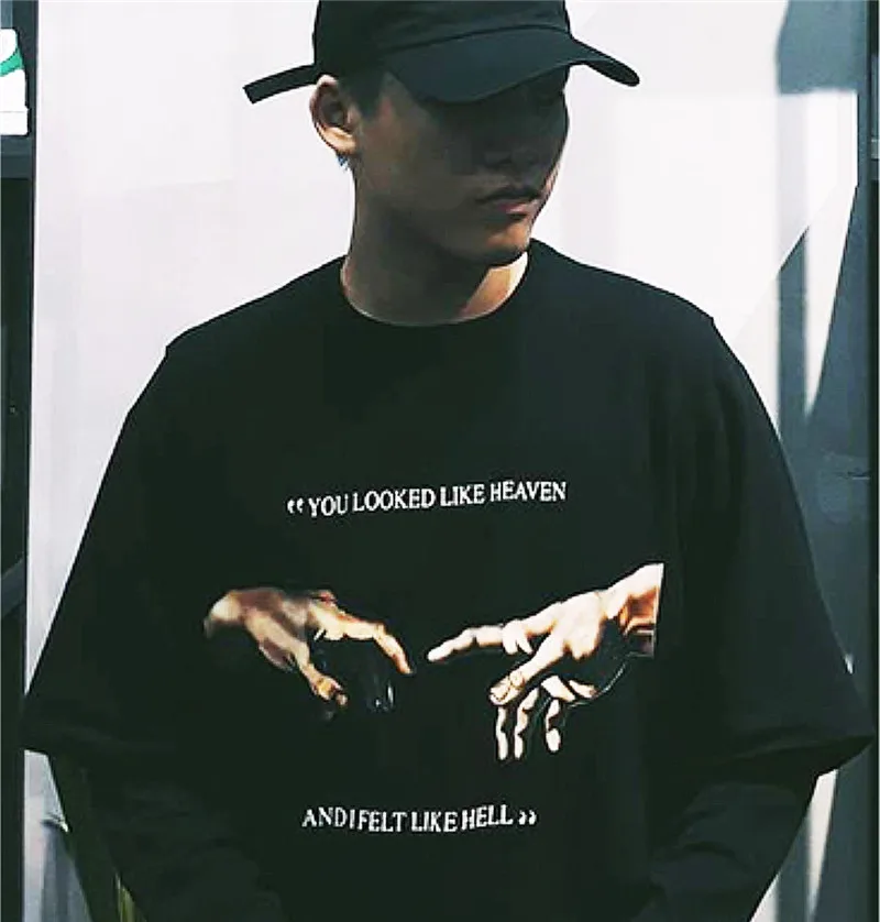 Женские футболки YELITE черные летние с надписью You Look Like Heaven and I Feel Hell Michaelangelo the Last