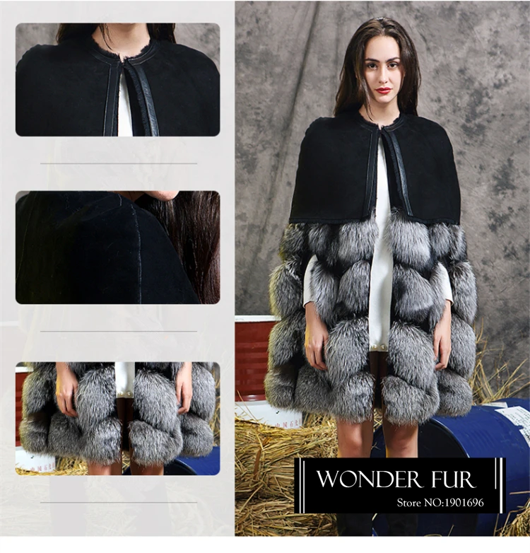 Уникальный Стиль натуральное серебряное пончо с мехом лисы Мериносовой овцы