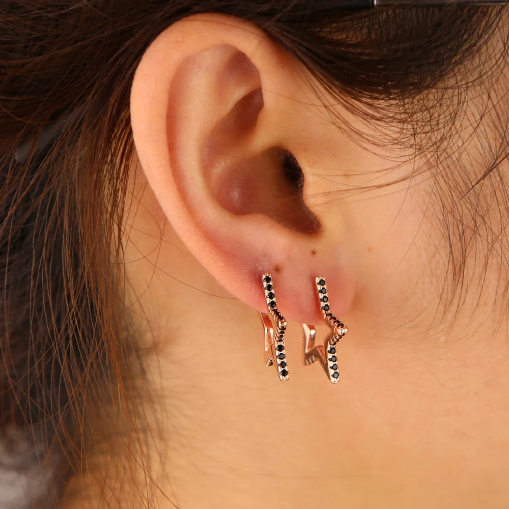 star shape stud micro pave black cz earring 2019 new arrive top quality wholesale elegance lovely girl christmas gift | Украшения и