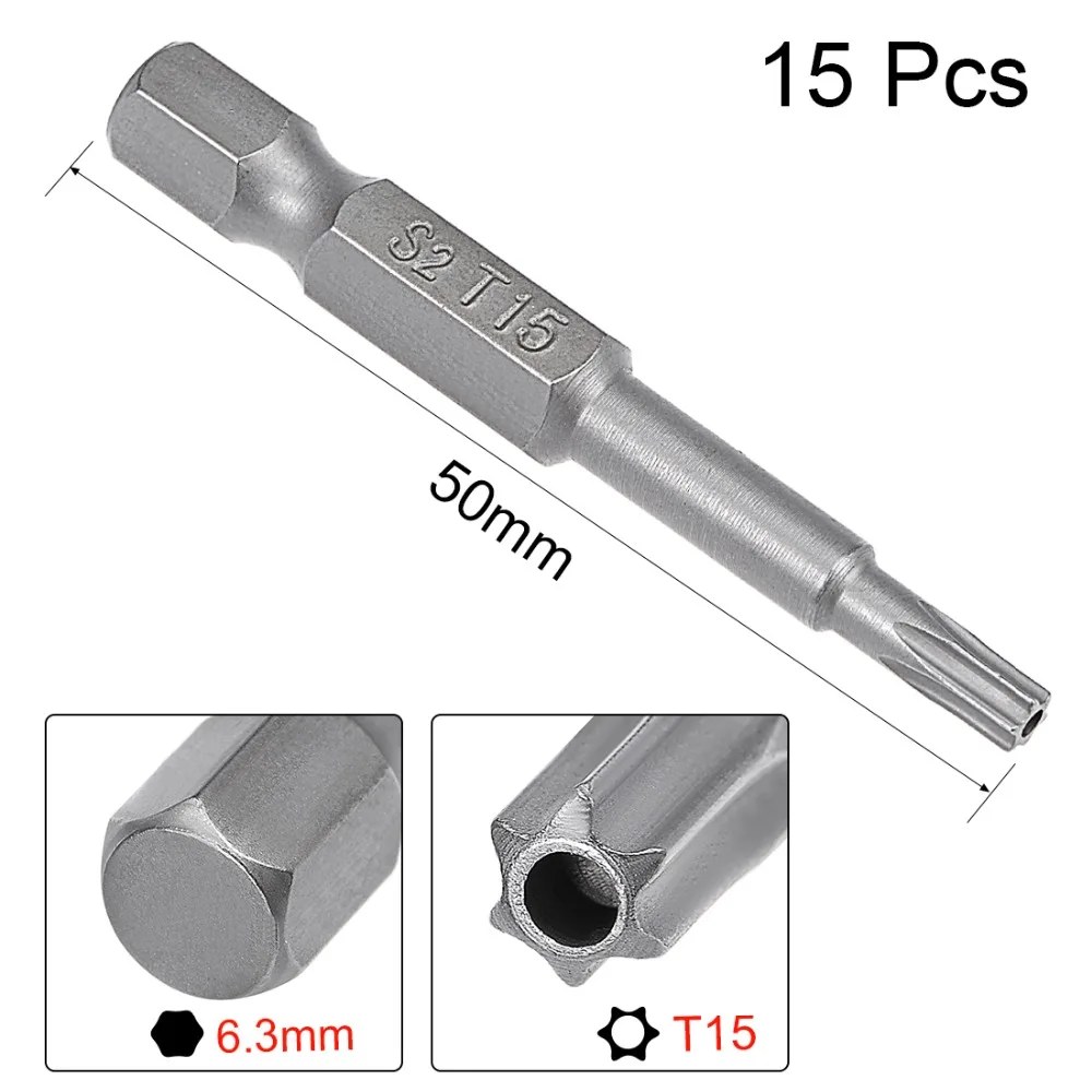 Uxcell 15 шт. S2 Сталь T10/15/20 Вт, 30 Вт, магнитный безопасная отвертка Torx биты 1/" Шестигранным хвостовиком диаметром 50 мм/75 мм Длина для электрические ручные инструменты