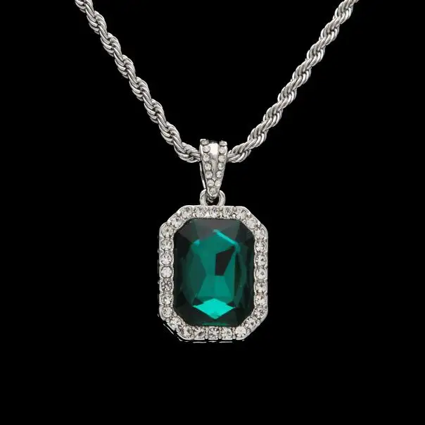 silver green Хип-хоп золотой цвет со стразами квадратная подвеска Размер 1,8*2,3 см красный синий зеленый черный цвет с 3 мм* 24 Дюймов Веревка Цепь - Окраска металла: silver green