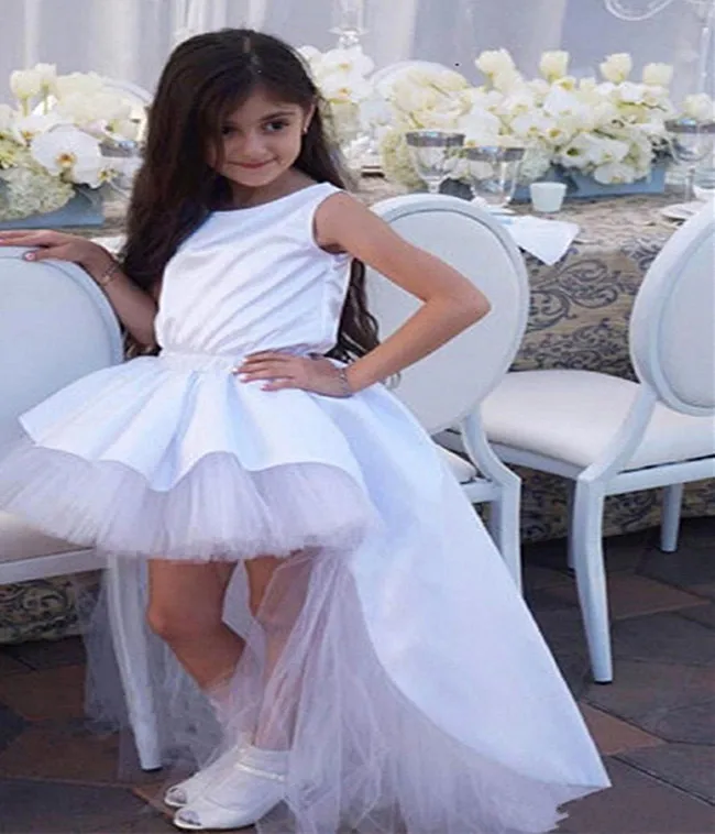 New 2019 High Low Tulle Satin Flower Girl Dress with Big bow Open Back Kids Prom Customized Girls Pageant Gowns | Детская одежда и