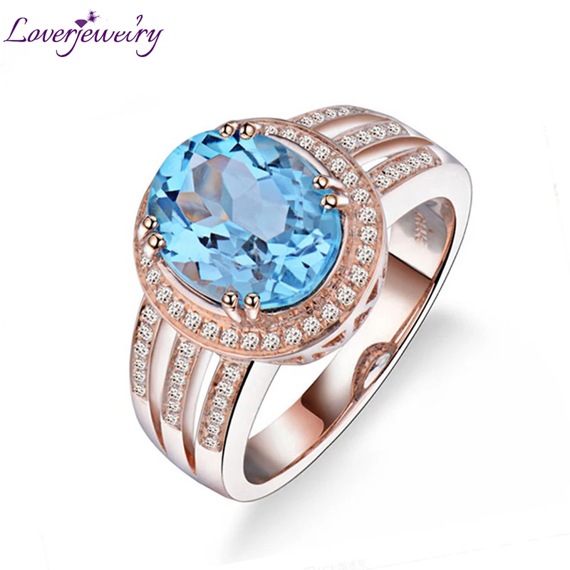 

LOVERJEWELRY Woman Topaz Ring Solid 14Kt Rose Gold Diamonds Engagement Jewelry Oval 8x10mm Blue Gemstone Topaz Rings 2021
