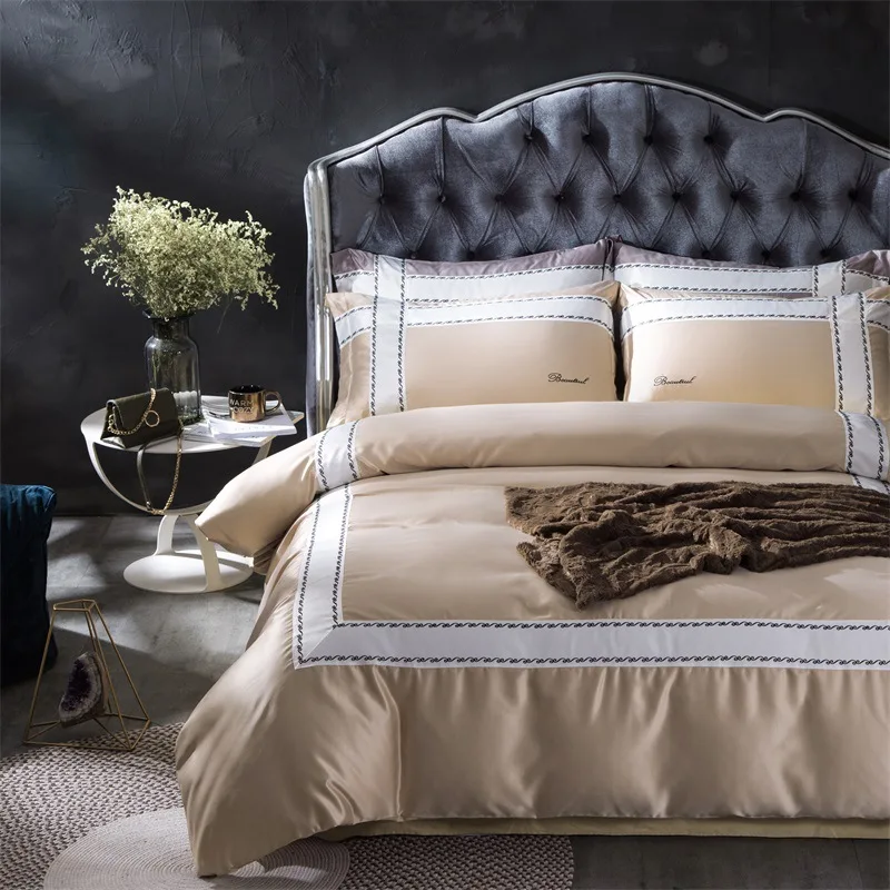 New Tencel Silk Cotton Bedding Set 4pcs Brief Luxury Solid Color Patchwork Bed Linen Duvet Cover Flat Sheet Pillowcase |