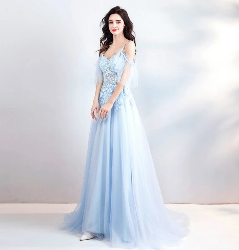 SSYFashion летний свежий светильник голубое кружево вечернее платье v-образным вырезом развертки поезд расшитое бисером с аппликацтей на выпускной вечерние платья Robe De Soiree