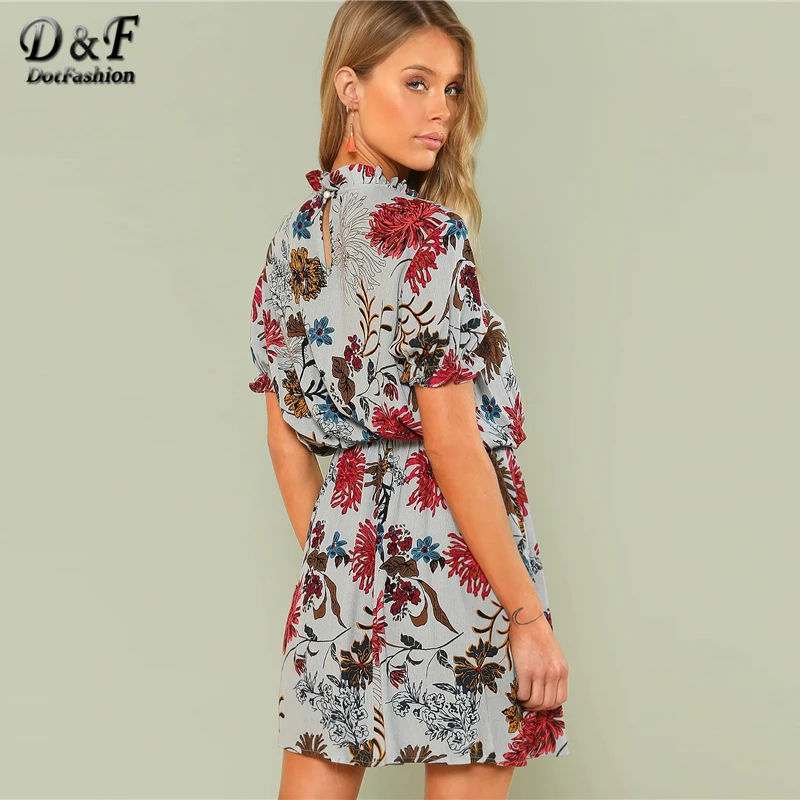Dotfashion, платье с оборками и манжетами, с имитацией воротника, с цветочным рисунком, женская одежда, лето, новое пляжное платье со стоячим воротником и коротким рукавом