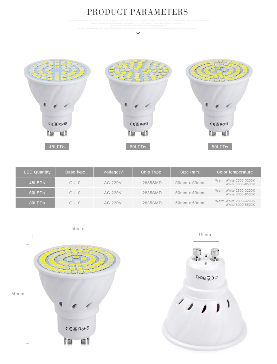 Светодиодный лампы SMD2835 48 60 80 светодиодный s GU10 светодиодный светильник переменного тока 220 В ампулы Светодиодный светильник Точечный светильник супер яркий лампада украшение для потолка