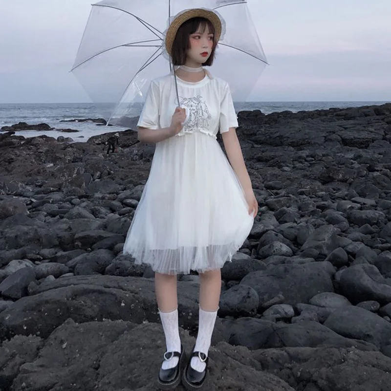 

Summer Dress Women's Korean Students Teens Girls Sweet Stitching Sweet Mesh Streetwear College Style Fresh Fake Two-piece Dress