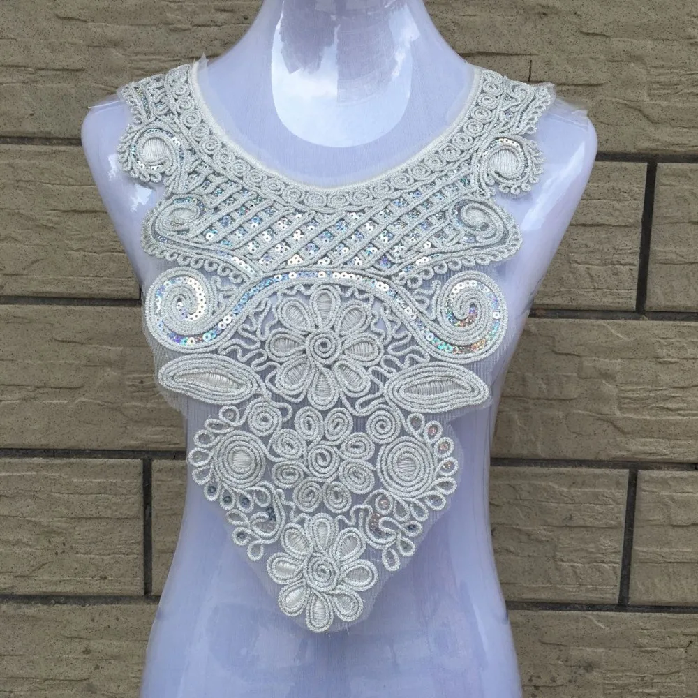 

New 1pcs Silver/Golden collar Venise Sequin Floral Embroidered Applique Trim Decorated Lace Neckline Collar Sewing Material
