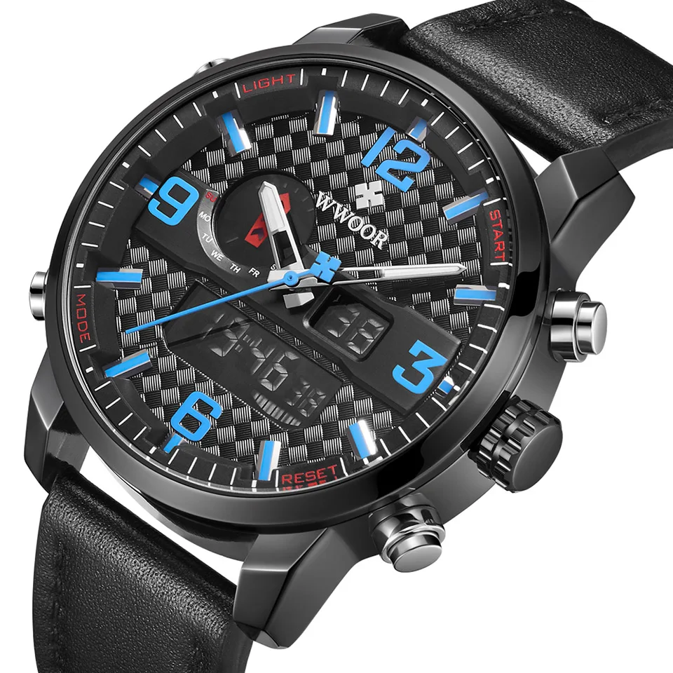 Часы наручные мужские с кожаным ремешком аналоговые цифровые кварцевые