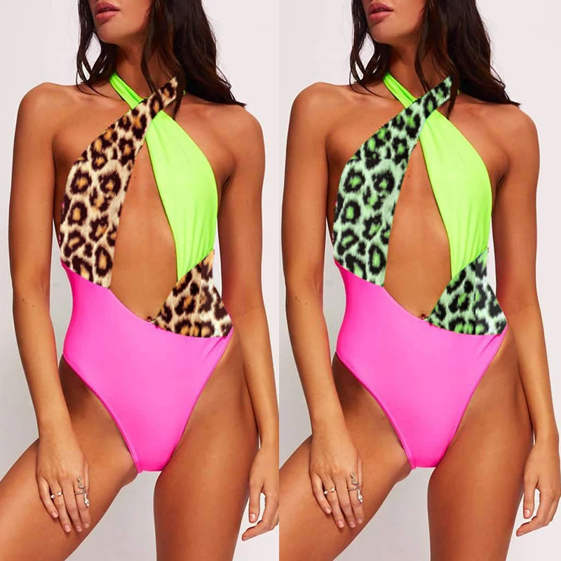 Леопардовый стиль пэчворк 2019 Цельный купальник сексуальный с лямкой на шее
