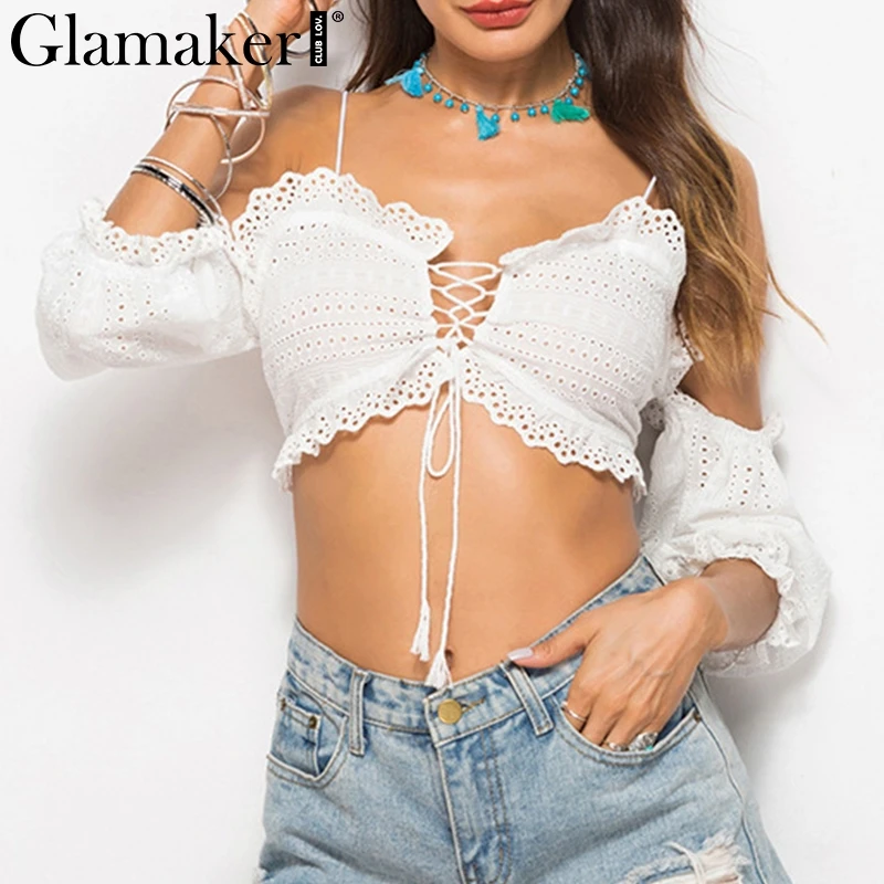 Женский короткий топ Glamaker белый с открытыми плечами на лето со шнуровкой