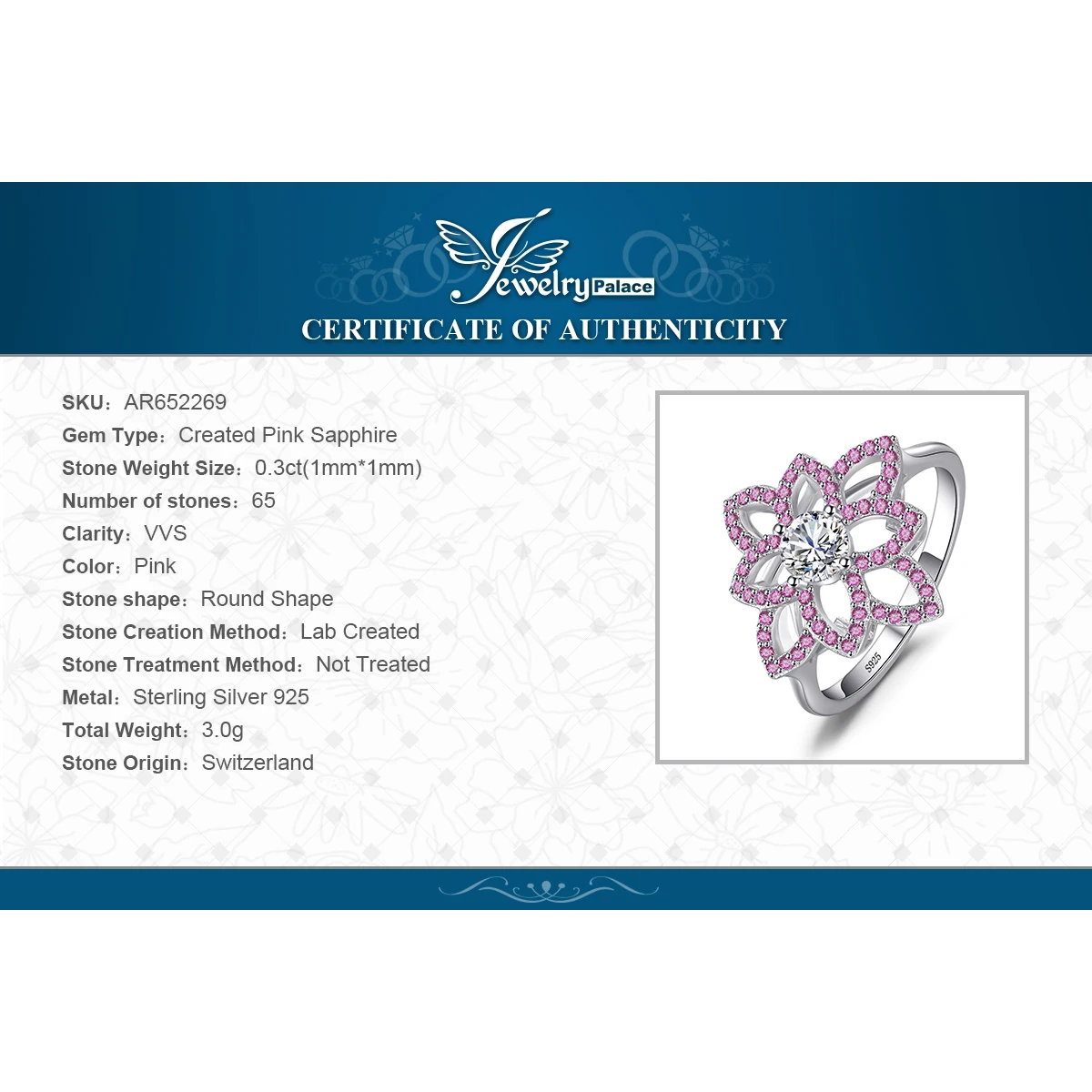 Jewelrypalace бренд 0.77 КТ создано розовый сапфир CZ цветок кольцо стерлингового серебра 925 Свадебная вечеринка ювелирных украшений для женщин подарок