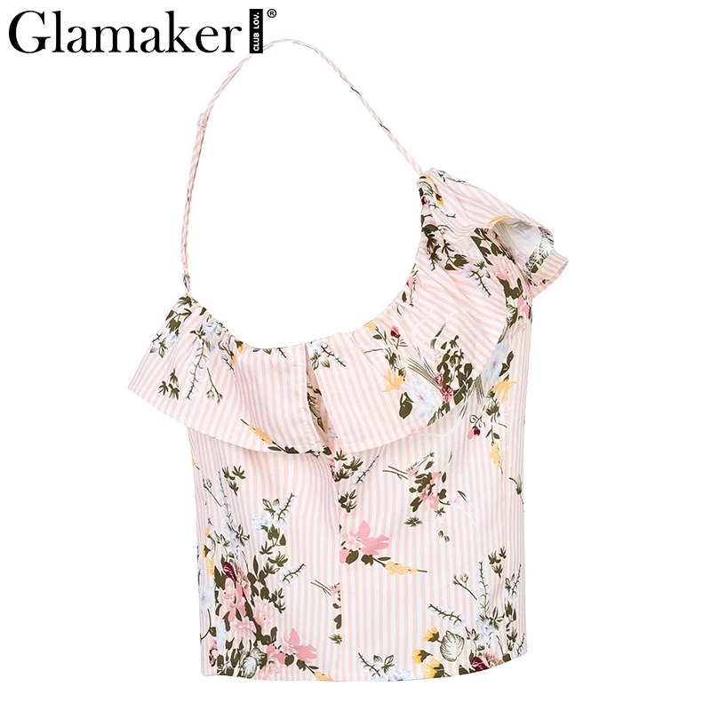 Glamaker, летняя женская майка с цветочным принтом и рюшами, розовая Полосатая майка, майка, футболки, богемная пляжная рубашка без рукавов, топ на бретельках