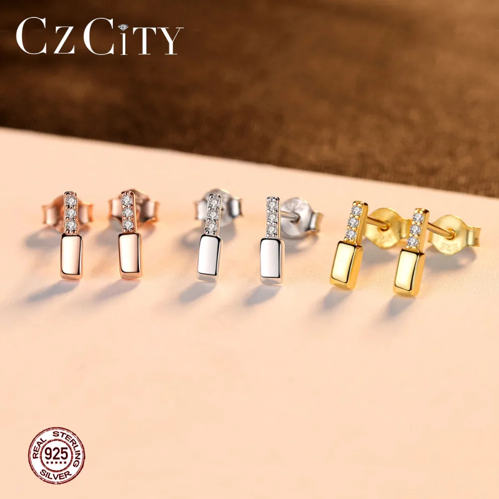 CZCITY бренд новый 100% 925 стерлингового серебра геометрические серьги гвоздики для