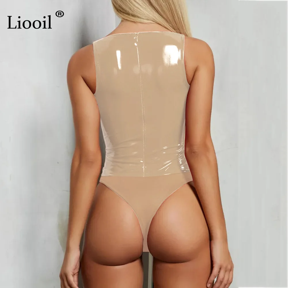 Liooil, сексуальный клубный кожаный боди, черный, красный, Облегающий комбинезон для женщин, без рукавов, v-образный вырез, вечерние комбинезоны, женский комбинезон, Комбинезоны