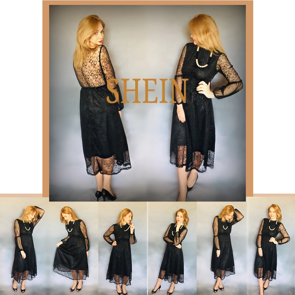 SHEIN Кружевное Макси Платье С Длинными Рукавами, Ажурное Однотонное Платье, Длинное Платье С Кружевным Верхом