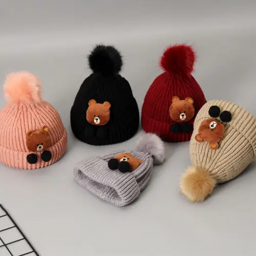 2018 Kids Baby Child Warm Winter Cartoon Bear Knitted Beanie Fur Pom Hat Crochet Ski Cap | Детская одежда и обувь