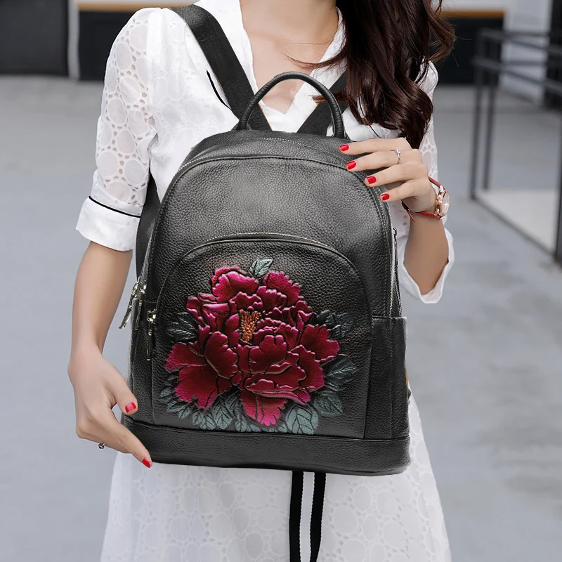 National Style Backpack for Women Soft Genuine Leather Top Flower Pattern 2019 Backpacks Ladies Fashion Back Pack Bags | Багаж и сумки