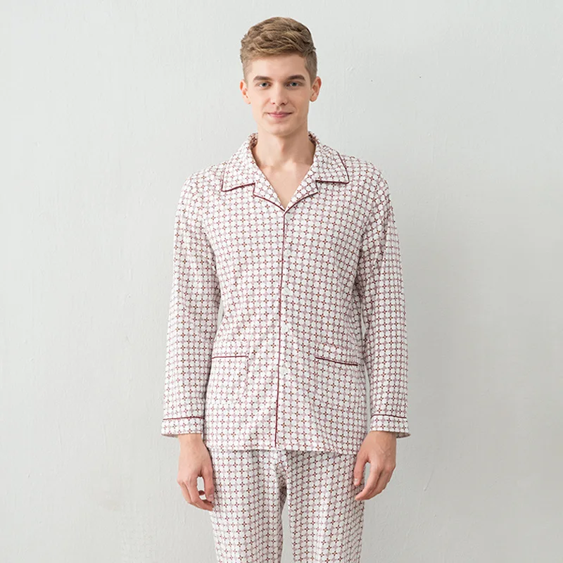 Пижамный комплект мужской из 100% хлопка одежда для сна с отложным воротником и