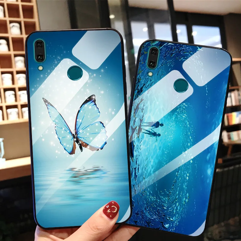 Tempered Glass Case For Huawei Y5 Y6 Y9 2019 Boat Shockproof Glossy Cover Bumper |