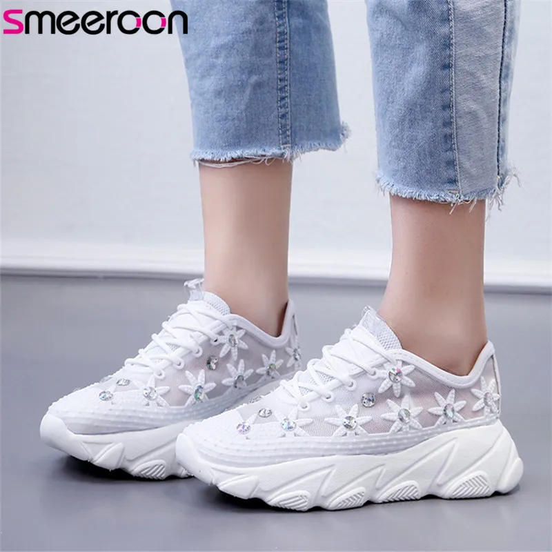 Женские кроссовки на плоской платформе smeeroon розовые повседневные сетчатые с