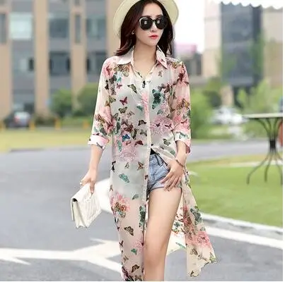 Летний дышащий шифон кардиган длинная рубашка свободная Бабочка печать