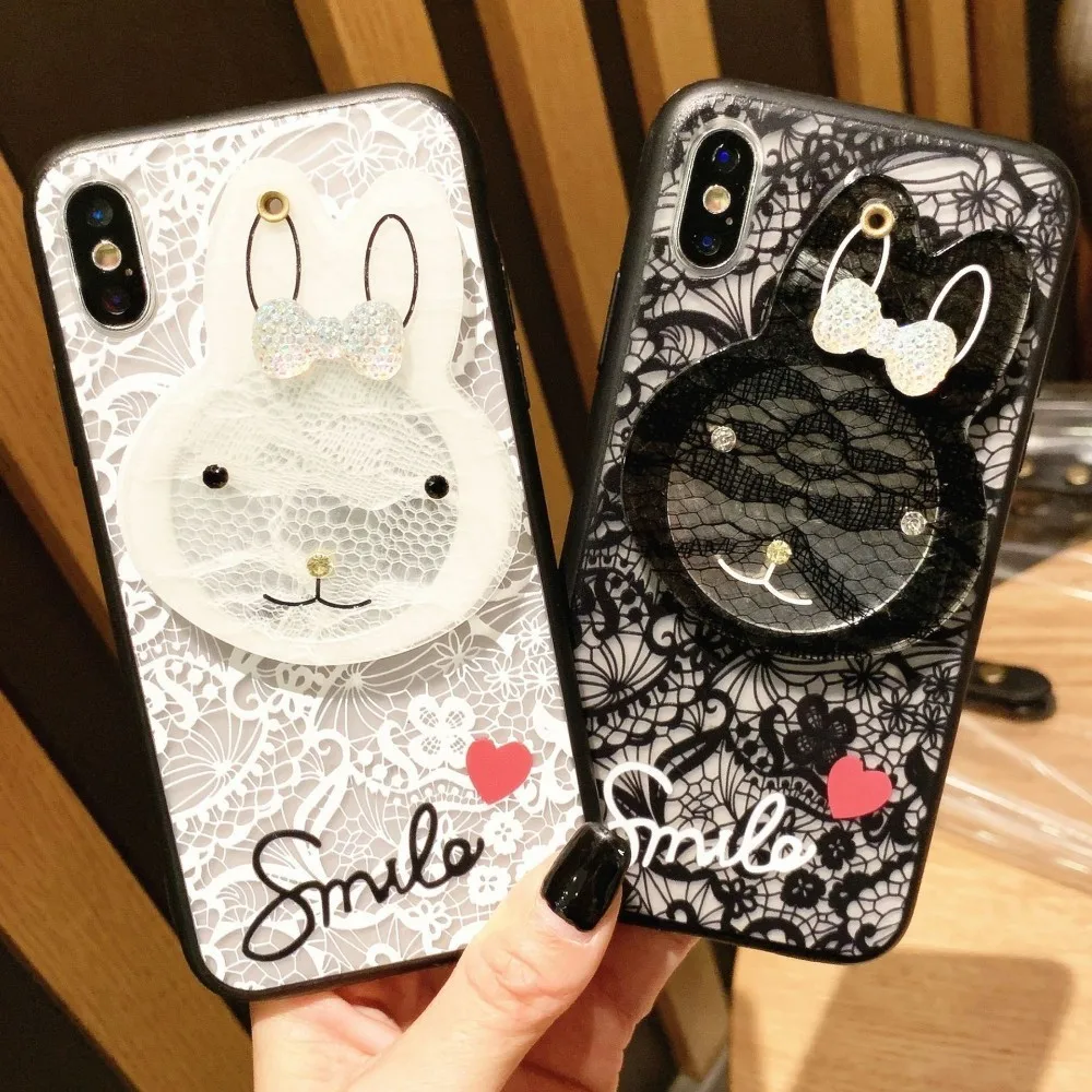 Кружевной чехол для телефона с зеркалом макияжа Iphone 7 XR XS Max 8 6S Plus милый кролик