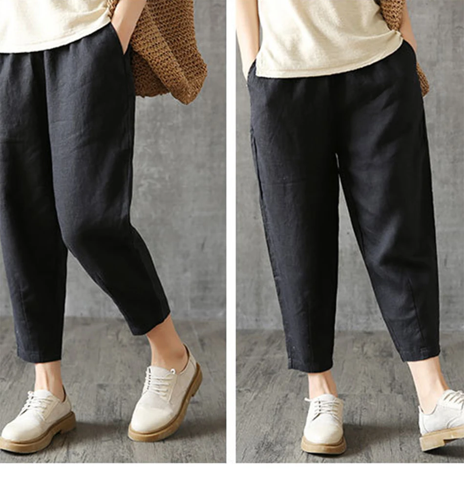 Хлопковые льняные женские штаны-шаровары, однотонные брюки с карманами, повседневные брюки средней талии, длина по щиколотку, большие размеры, свободные женские летние брюки