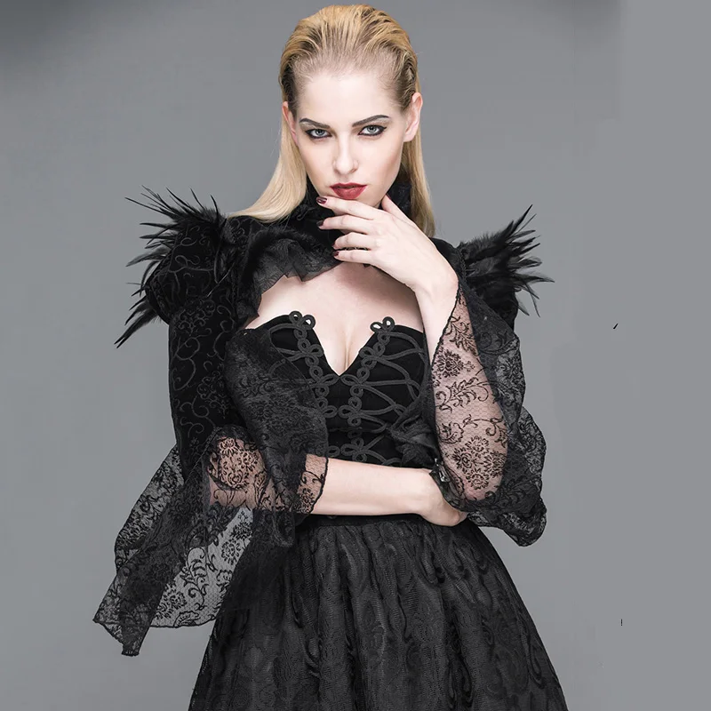 Черные фланелевые и кружевные перья бриллианты воротник-стойка длинный рукав