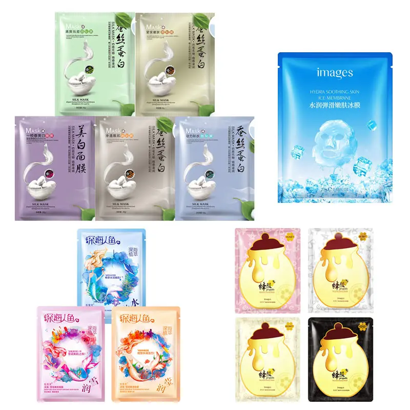 Изображения шелковые протеиновые медовые и фруктовые ледяные маски для лица