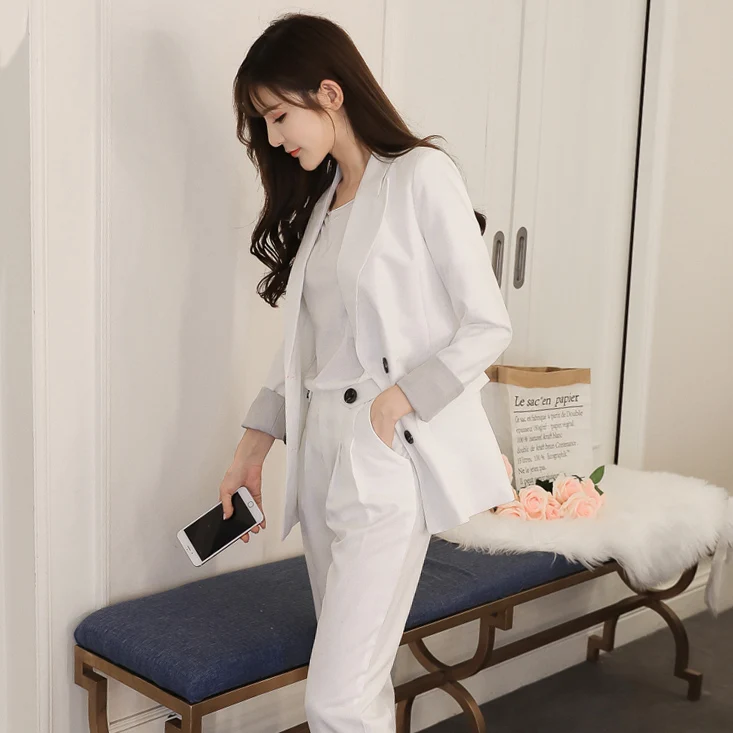 

autumn Fashion Korean Double Breasted Two Piece Woman all match lady temperament pure color female suit