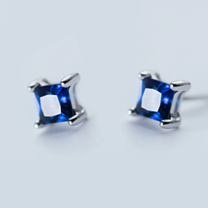 Square 925 пробы серебряные женские ювелирные изделия, модные крошечные синие Асимметричные Цветочные квадратные серьги-гвоздики для дочерей девушек - Окраска металла: Square