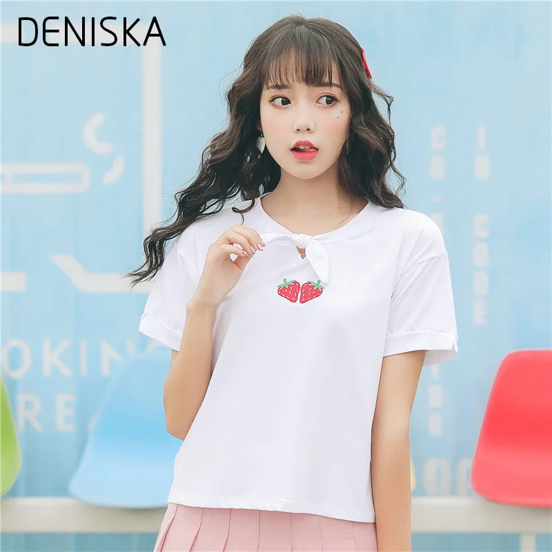 Harajuku Kawaii Клубника Вышивка Лук Хлопка Майка Женщины Сладкий Уличная Коротким