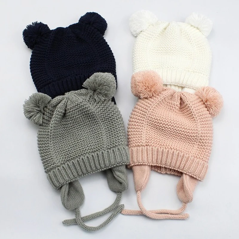 Autumn Winter Baby Hats Warm Soft Cap Thickened Earmuffs Knit Cute Ball Hat For Girls Boys Photography Props | Детская одежда и