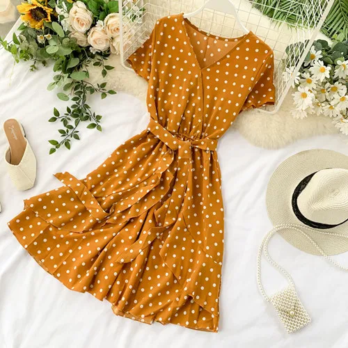 Yellow Vintage Polka Dot Print V Neck Ruffles Short Bandage Dress Chiffon Summer Party Women Casual High Waist Beach Dresses - Color: Yellow
