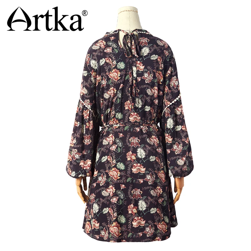 ARTKA женское летнее платье с длинным рукавом принтом фонариком и поясом винтажное