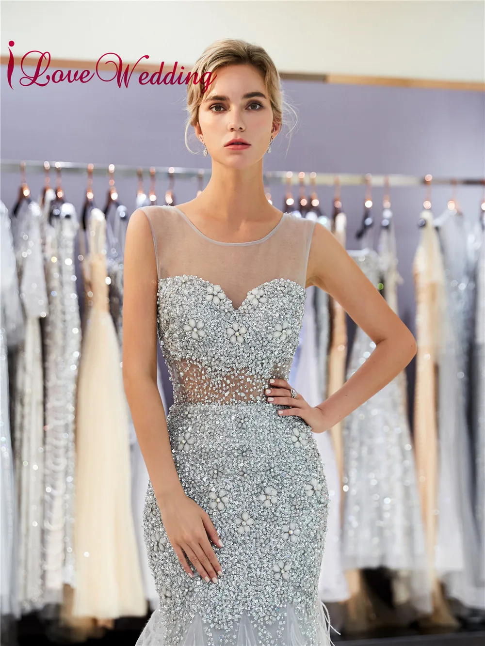 ILoveWedding Новое поступление вечернее платье прозрачный овальный вырез горловины