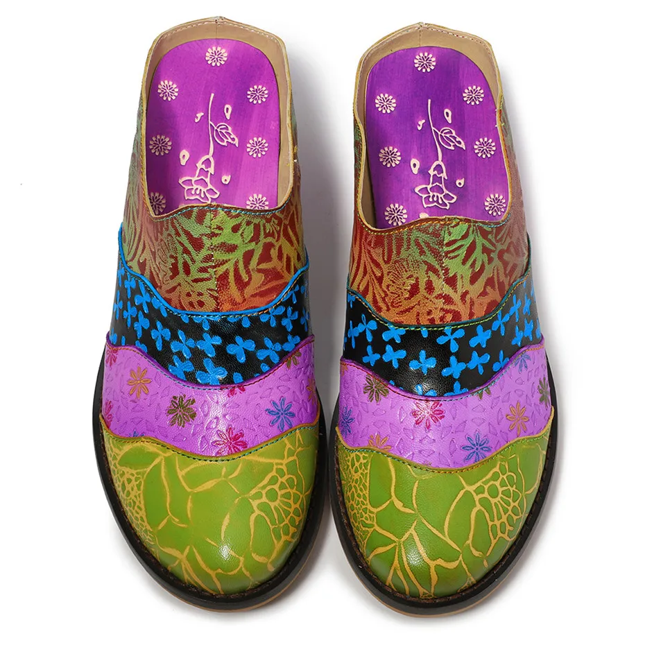 Богемные женские мюли из натуральной кожи туфли лодочки с винтажным принтом