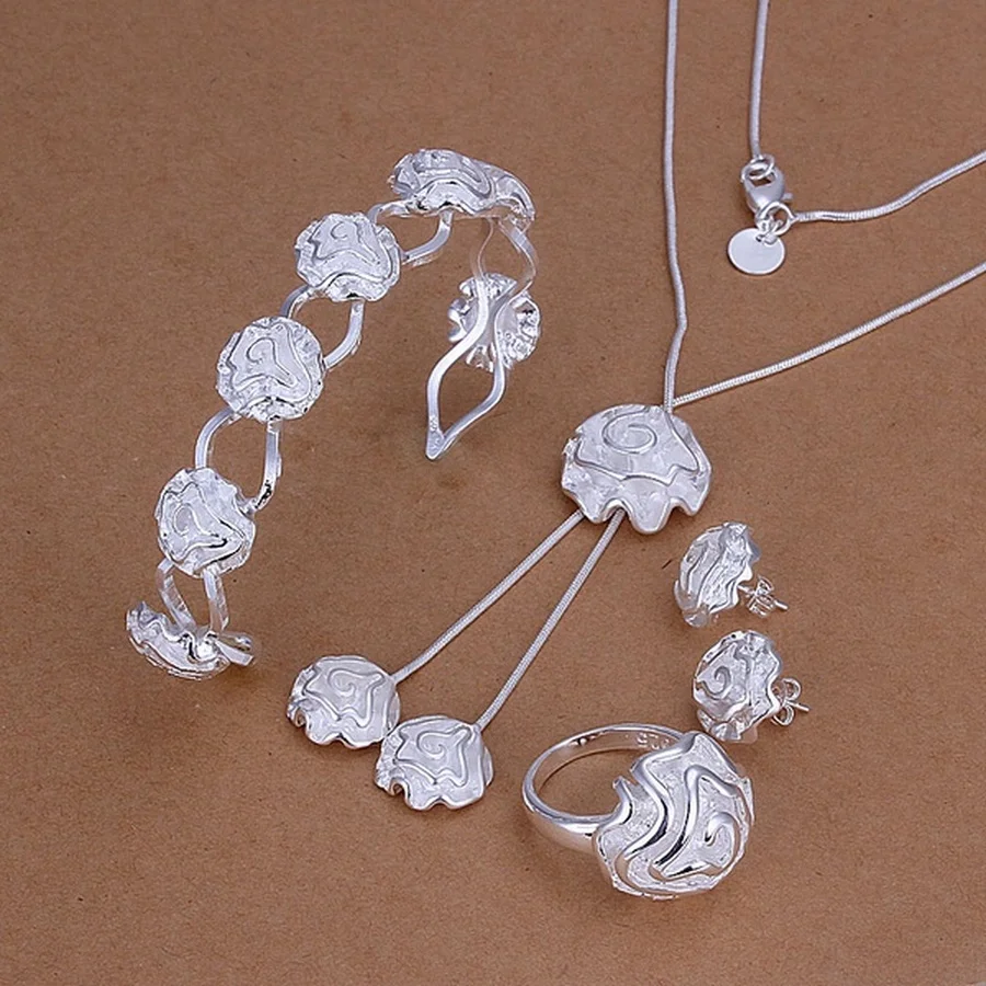 

Silver color jewelry sets For women lady wedding charm rose pendant necklace Bangles Stud Earrings rings fashion S246