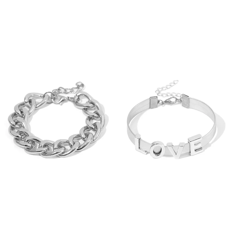 Silver Ingemark 2 шт./компл. в стиле «панк» с надписью «Love», браслеты на запястье в виде Для женщин модные Алюминий толстый звено цепи Для Мужчин's Браслеты, ювелирное изделие для пары - Окраска металла: Silver