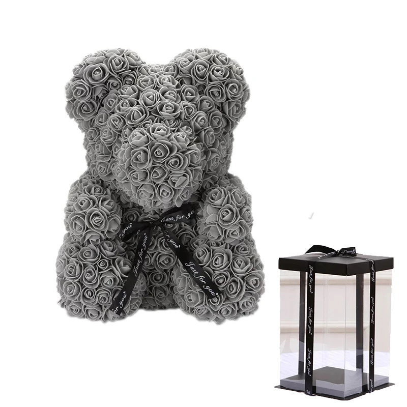 Grey with box Милый плюшевый мишка 25 см/40 см, искусственные цветы розы, PE розовый Мишка для женщин, подруги, подарок на День святого Валентина для детей на день рождения - Цвет: Grey with box
