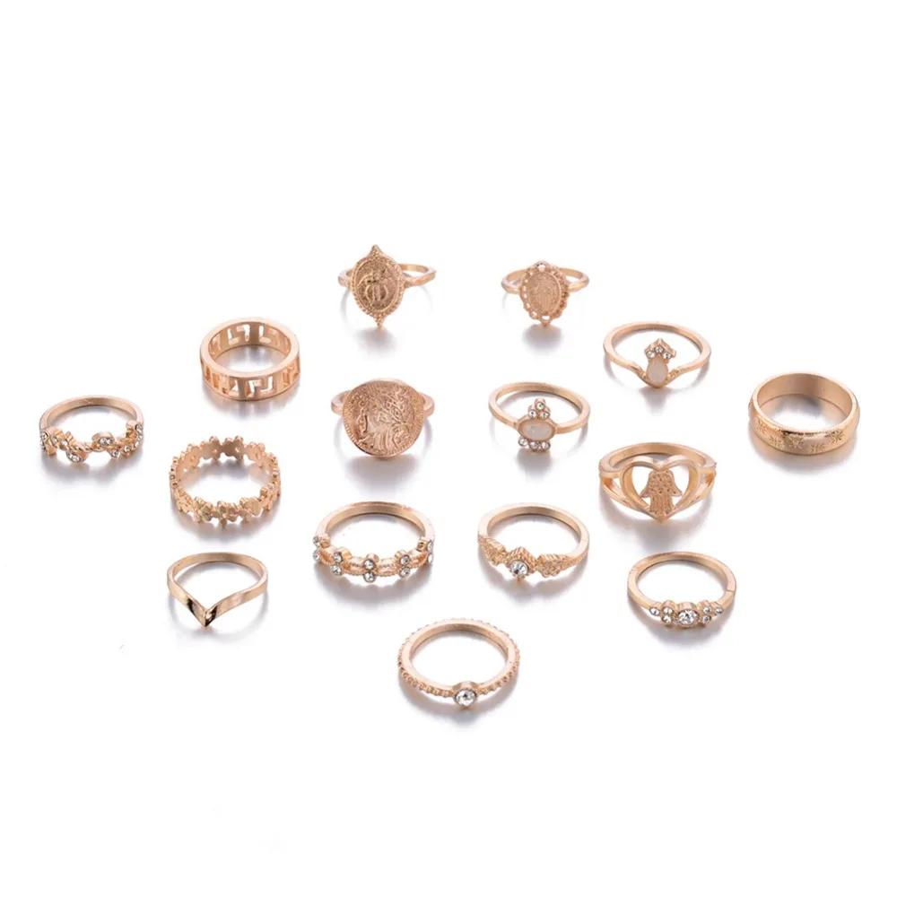 15Pcs/set Women Fashion Rings Hearts Fatima Hands Mary Cross Leaf Hollow Geometric Crystal Ring Set Wedding Jewelry | Украшения и
