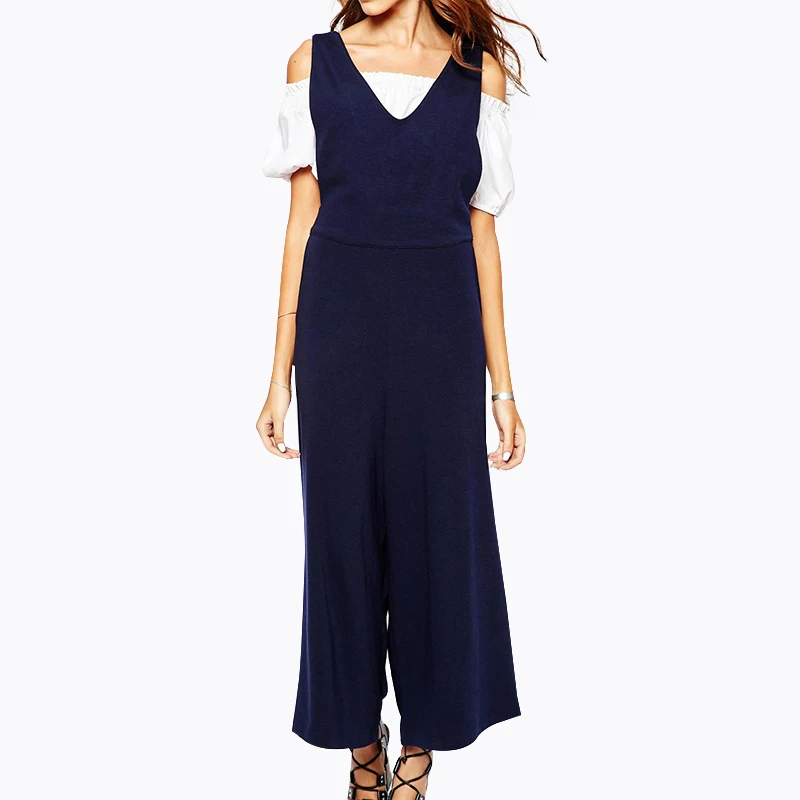 

2016 Autumn New Women's Concise Deep V-neck Double pocket High Lumbar Wide Leg Self-cultivation Siamese pants