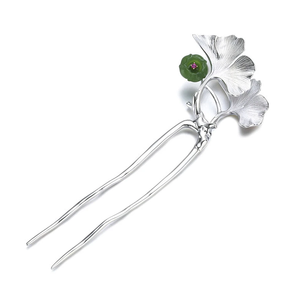 

Ginkgo Leaf Stone Inlay Silver Hair Stick Thai Silver Chinese Hairpin 2-prong Hair Fork Pin Jewelry Pince Cheveux Femme WIGO1401